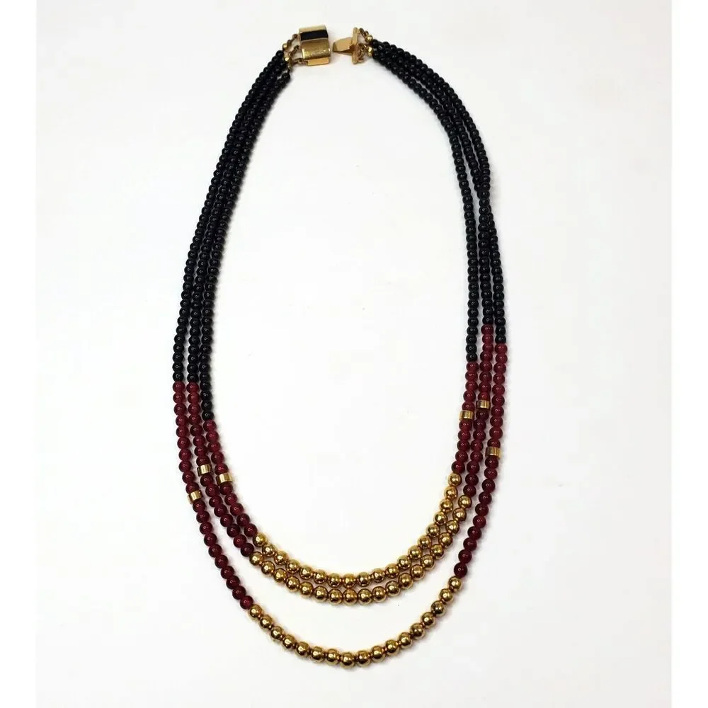 Black Red & Gold Tone Three Strand Glass Bead Necklace Slide Clasp 20 in.